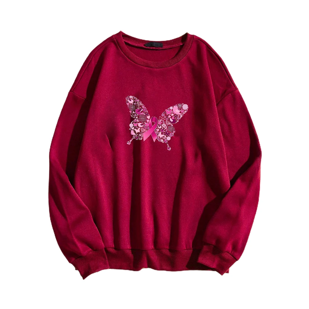 

Butterfly Red Basic Top Pullovers Women Long Sleeve Solid Sweatshirt Ladies Casual Loose Crew Neck Tunic Blouse Tee Sweatshirts