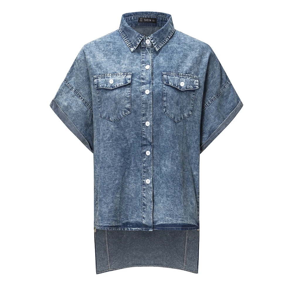 

European American New Fashion Women's Clothing Summer Hot Sells Retro Pocket Denim Short Sleeve Shirt
