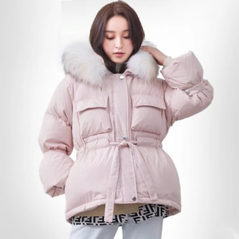 

Big Natural Fox Fur Hooded Winter Jacket Women 90% White Duck Down Thick Parkas Warm Belt Tie Snow Coats