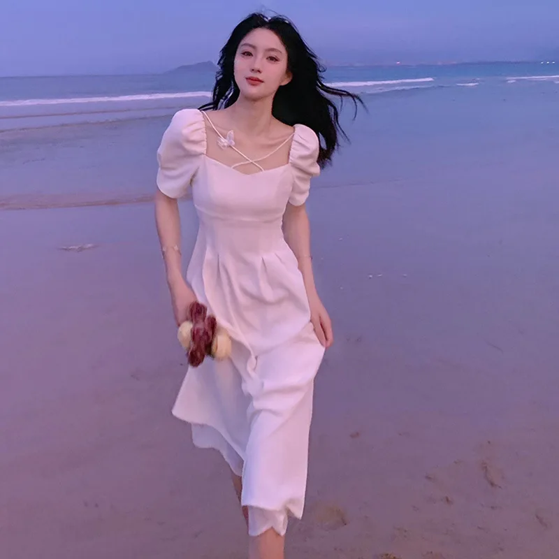

Summer High Quality Elegant Dress Women Vintage Ladies Formal Dress French Retro Puff Sleeve Butterfly Dresses OL AE630