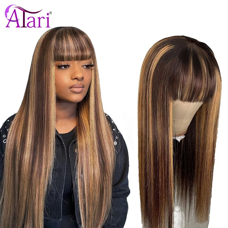 Perucas de Cabelo Humano em Linha Reta com Franja Destaque Peruca Peruano Cabelo Humano Virgem Perucas Louras Marrons Completa Máquina Feita 99j 100%