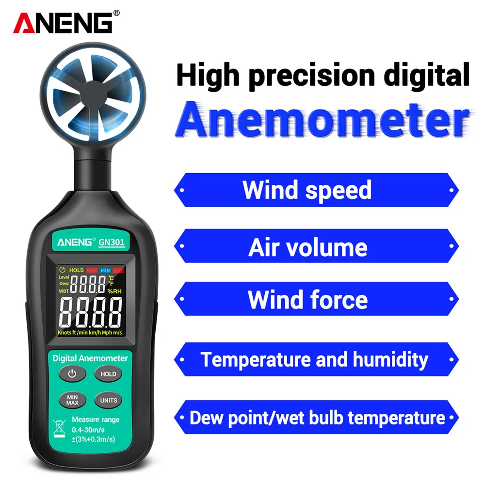 Digital Anemometer 0-30m/s Wind Speed Meter ANENG GN301 -10 ~ 45C Temperature Tester Anemometro with LCD Backlight Display | Инструменты