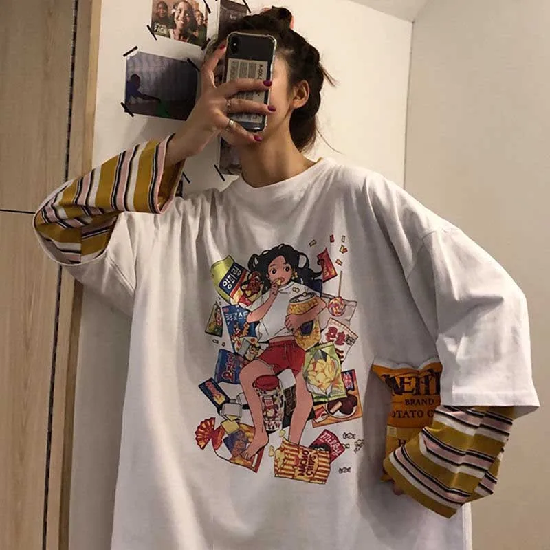 NiceMix, осенняя Женская одежда, корейский Ulzzang, Harajuku, футболка с забавным принтом, поддельные две футболки с длинным рукавом, женские свободные футболки