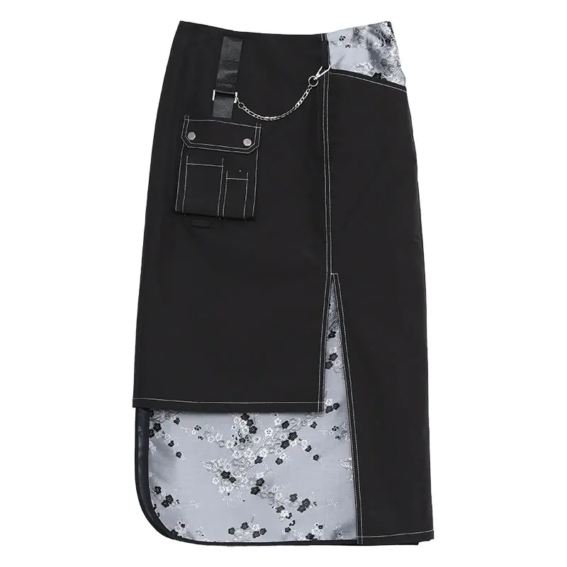 

XITAO Asymmetrical Denim Splicing Skirt Fashion Vintage Embroidery Jacquard Chain Pendant Autumn New All-match Women WMD2688