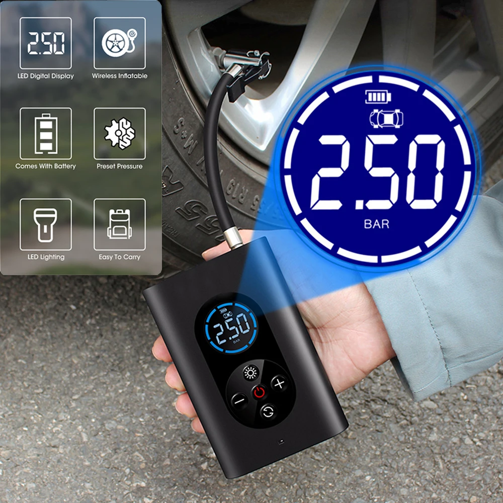 

Car Air Compressor Inflator Pump With LED Lamp For Car Motorcycle Bicycle Tire Inflatable Wireless Electric Mini Air Pump