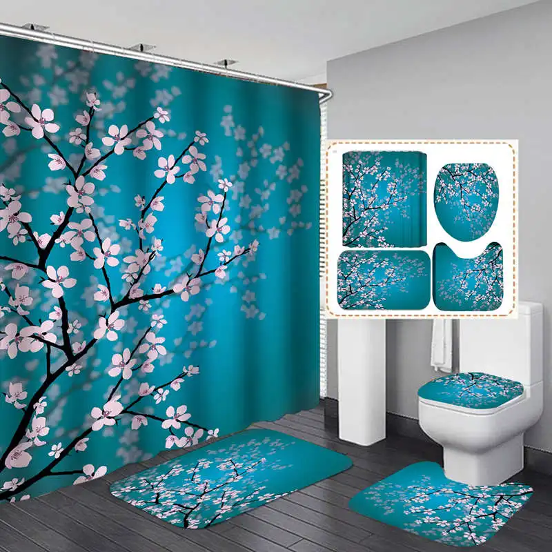 

Cherry Blossom Blue Polyester Fabric Shower Curtain Non-Slip Bath Mat Toilet Lid Cover Rugs Home Bathroom Decor Set