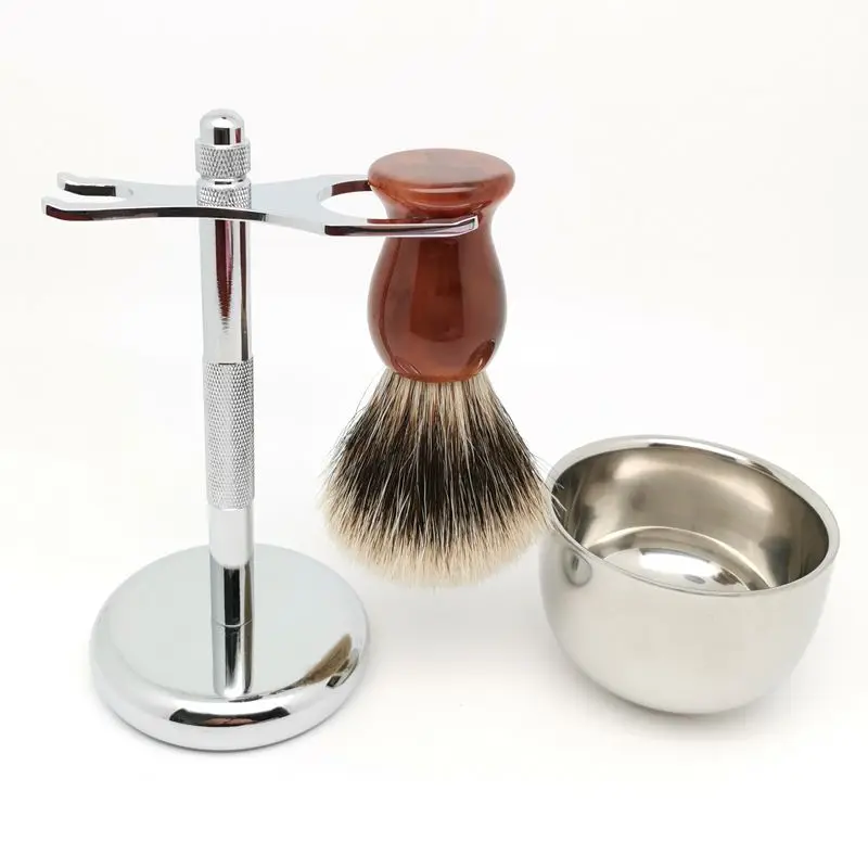 TEYO Two Band Silvertip Finest Badger Hair Shaving Brush Set Include Shaving Stand Cup Perfect for Shave Double Edge Razor