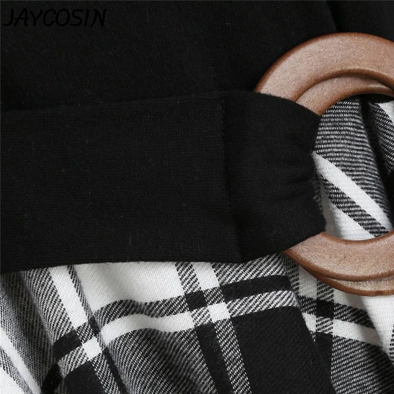 JAYCOSIN женское платье с длинным рукавом, асимметричное платье в шотландскую клетку с поясом, мини-платье трапециевидной формы