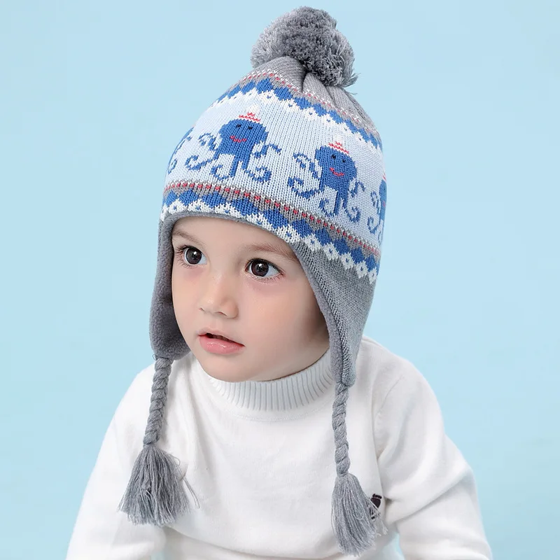 Зимняя шапка для мальчиков вязаная ушанка осенняя Теплая Лыжная с помпоном