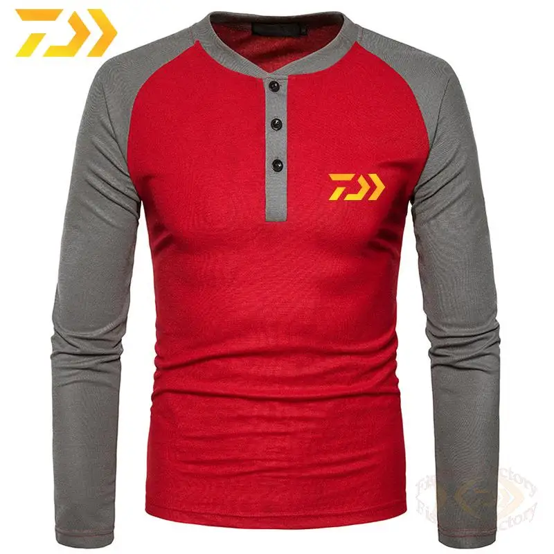 

2021 Daiwa Fishing T-Shirt Henry Collar Slim Fit Patchwork Fishing Clothing Men Round Neck Casual Long Sleeve Fishing Clothes