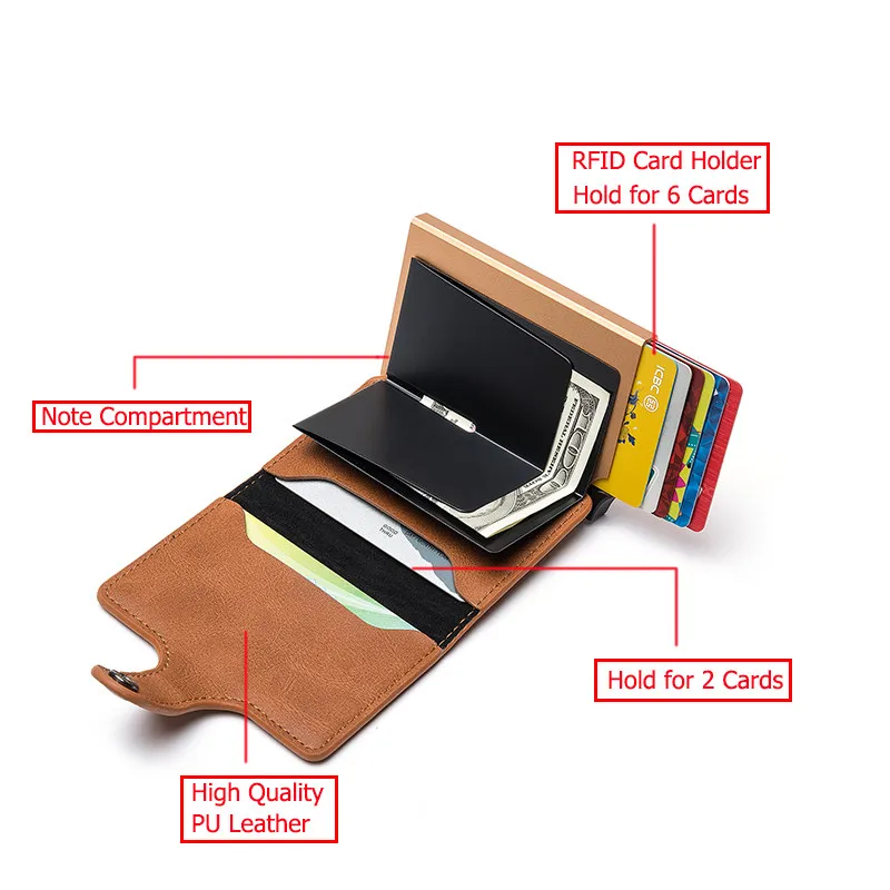 BISI GORO 2021 Smart Wallet Card Case Metal RFID Anti Theft Brush Aluminum Box Holder Men and Women PU Leather Casual Purse | Багаж и