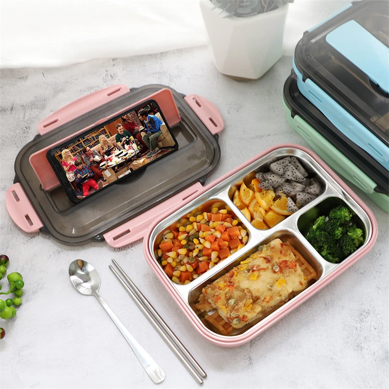 

304 Stainless Steel Four-Grid Bento Lunch Box for Kids Adult, Leakproof Lunch Box Student Portable Food Storage Containers