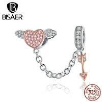 bisaer safety chain 925 sterling silver cupid arrow angel heart charms beads fit girlfriends bracelets silver jewelry ecc1208