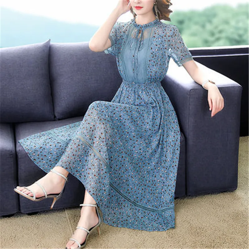 

Elegant Floral Dress Female 2022 Summer new Korean waist Slim Short Sleeve Chiffon A-line Dress for Women Clothing m339