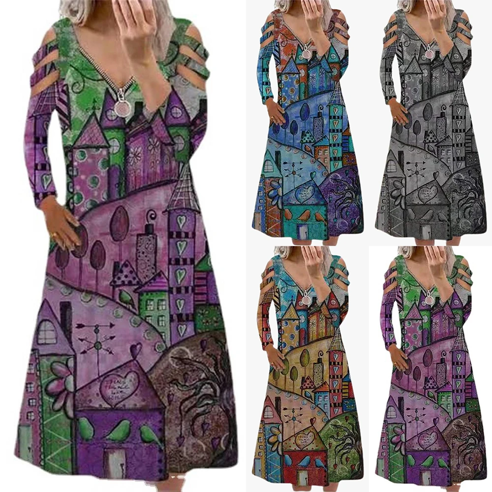 

Женское художественное Платье макси с принтом граффити, с длинными рукавами и v-образным вырезом, женское повседневное винтажное украшение ...
