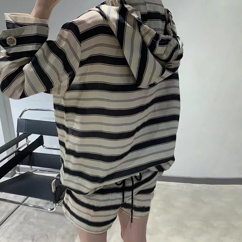 

Striped Hit Color Set For Women Hooded Collar Long Sleeve Sweatshirt High Waist Pants Casual Two Piece Sets Female