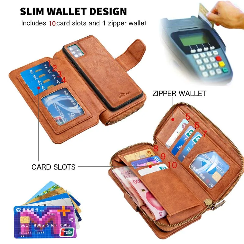 

2 in 1 Leather Case Zipper Wallet Magnetic Cover 10 Card Slot For Samsung Galaxy A20 A30 A81 Note10lite A91 S10Lite A50 A51 A71