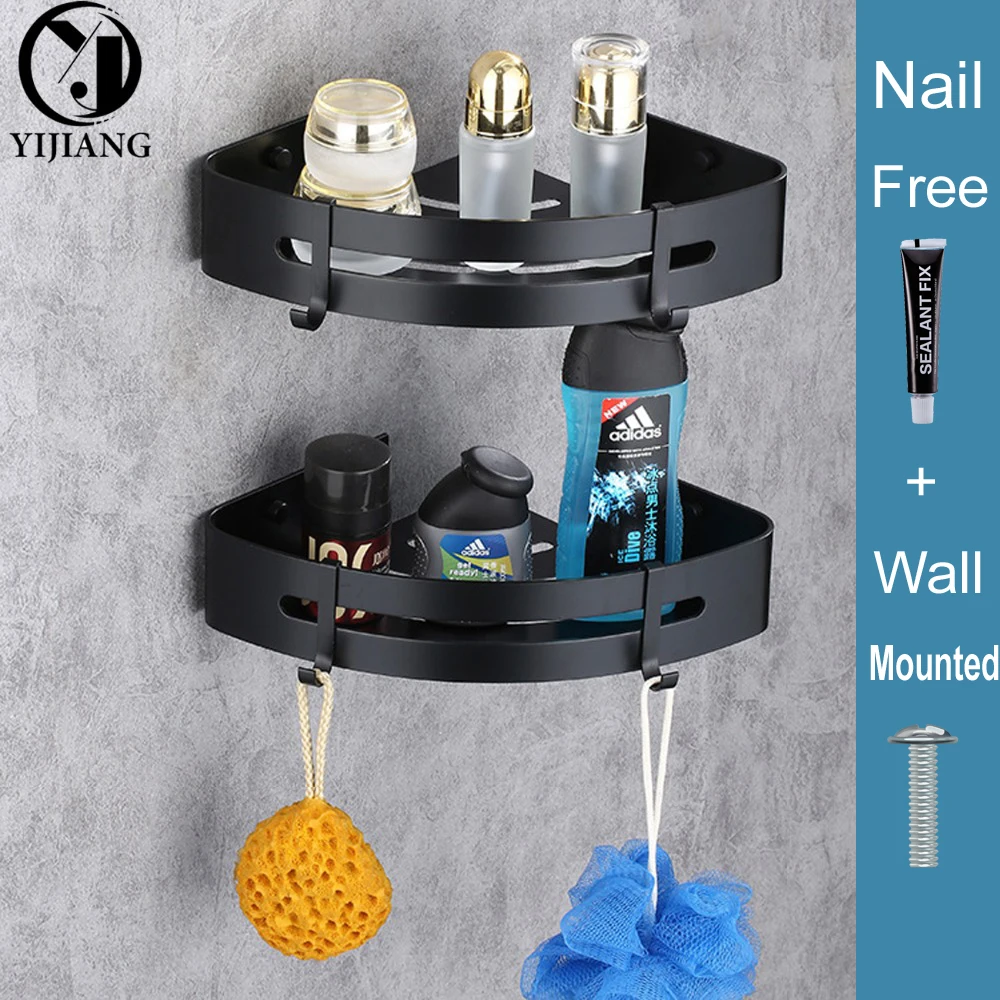 Монтируемая/свободная от гвоздей алюминиевая черная полка для ванной