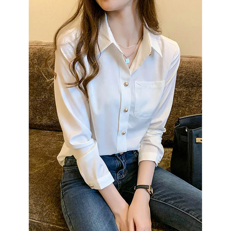 

Pocket Women's Blouse Shirt Long Sleeve Spring White Blouses and Shirts Casual Turn-down Collar Fashion Woman Blouses 2021 Top