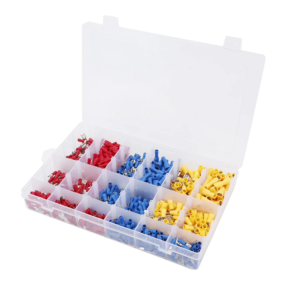 

900pcs/Box Assorted Rubber Insulated Cold-pressed Wire Terminal Connector CNC machining treatment process with a plastic case
