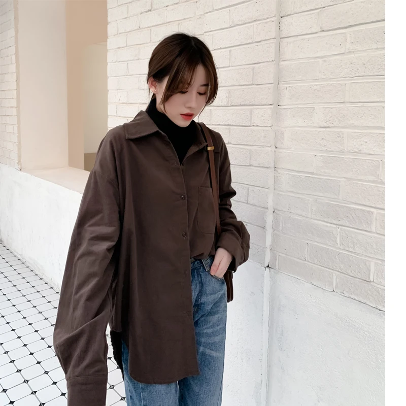 KINOMI Осень Зима с длинным рукавом OL Стиль Вельветовая блузка Рубашки Женская