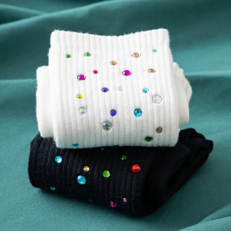 

Fashion Rhinestone Socks Women Korean Funny 2020 New Breathable Cotton Socks Female Casual Shiny Cool Streetwear Long Socks