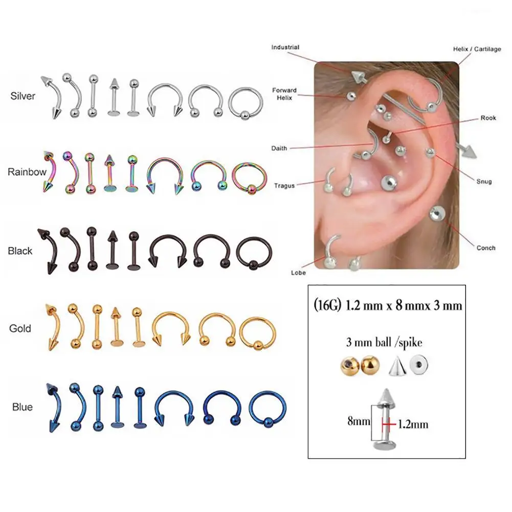 

HOT SALES！！！New Arrival 8Pcs Mixed Style Lip Tongue Eyebrow Nose Ring Barbell Body Piercing Jewelry Wholesale Dropshipping