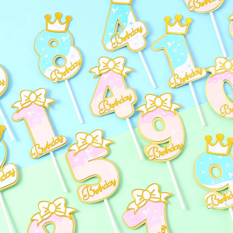 

Blue Crown Number 0-9 Cake Topper Happy Birthday Anniversary Wedding For Kid Baby Shower 1st 18 100 days Cake Dessert Decoration