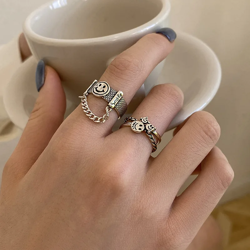 

MrZMsZ 2021 New Vintage Chain Design Smiley Rings For Women Punk Hip Hop Adjustable Open Ring Lovers Fashion Jewelry Gifts