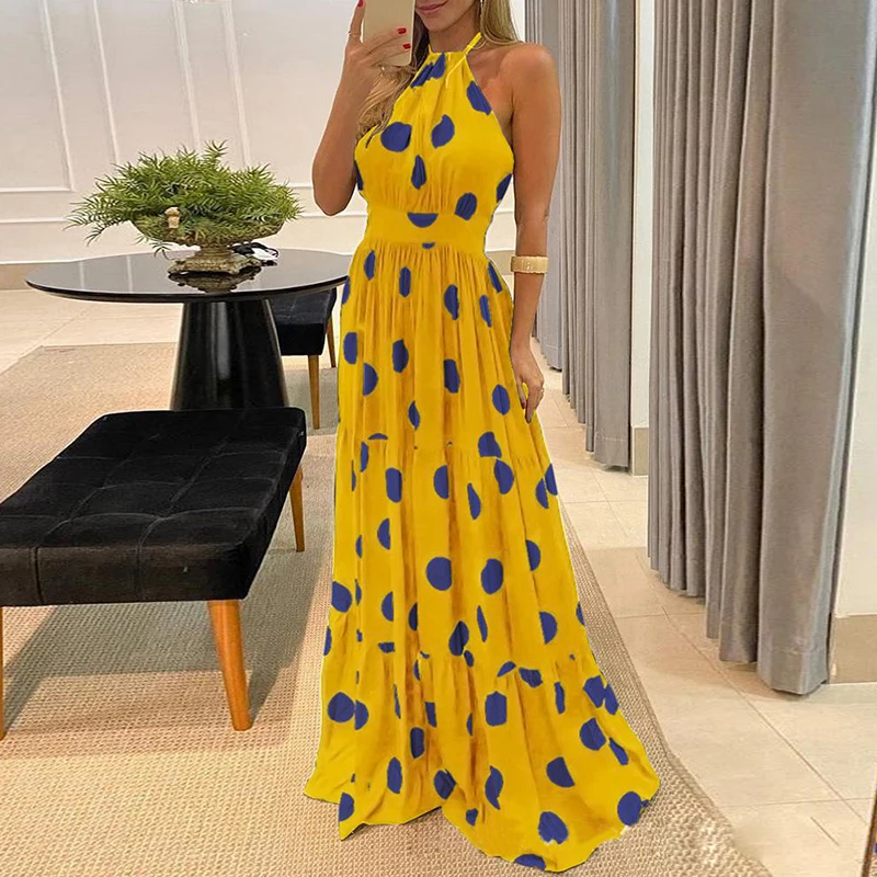 

2021 Summer New Fashion Sexy Halter Backless Dress Wave Point Print Dress Women Off Shoulder Elegant Party Maxi Dresses Vestidos