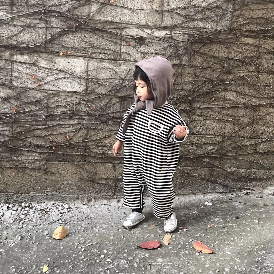 

New Korean Striped Long-sleeved Jumpsuit In Autumn And Winter Of 2021(including Hat) baby ropmers fashion clothing