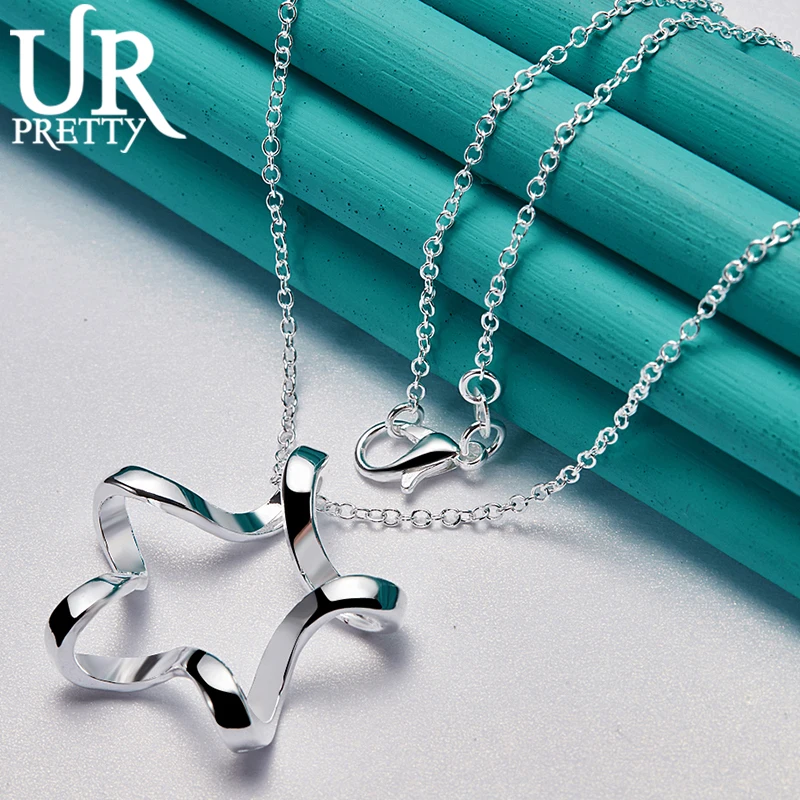 

URPRETTY 925 Sterling Silver Hollow Star Pendant Necklace16/18/20/22/24/26/28/30inch Snake Chain For Woman Party Wedding Jewelry