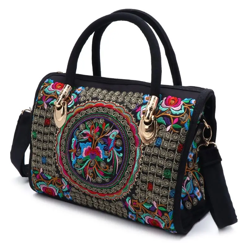 

Women Floral Embroidered Handbag Ethnic Boho Canvas Shopping Tote Zipper Bag