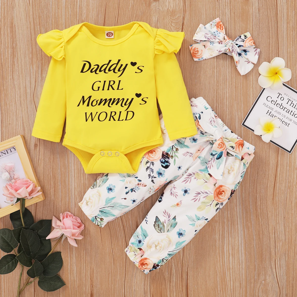 

Imcute 3PCS Infant Baby Girl Clothes Spring Autumn Set Letter Print Ruffle Long Sleeve Romper + Floral Pants+Headband Outfits