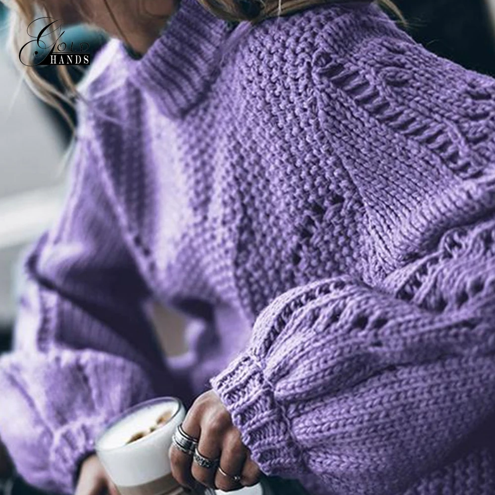 Gold Hands Women's Sweaters Autumn Warm Ladies Pullovers Hollow Out Loose Knitted Lantern Sleeve Solid Pullover Sweater Female | Женская