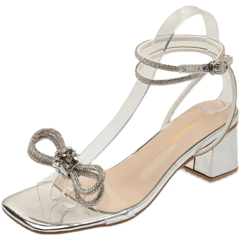 

Beige Heeled Sandals Bow Shoes Square Toe 2021 Summer Bling Bling Black Fashion Comfort Rhinestone Clear New Gladiator Girls Hi