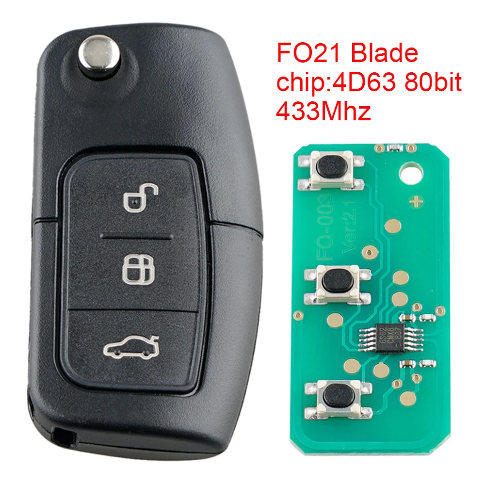 

433Mhz 3 Buttons Universal Black ABS Smart Remote Car key fob with 4D63 80Bit Chip and FO21 Blade Fit for Ford Monde