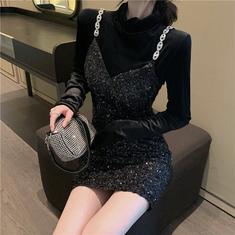 

ICHOIX 2020 Winer Bling Shiny Suspender Dress + Slim Turtleneck Bottoming Shirt Sexy Style Suit White And Black Feamle Outfits