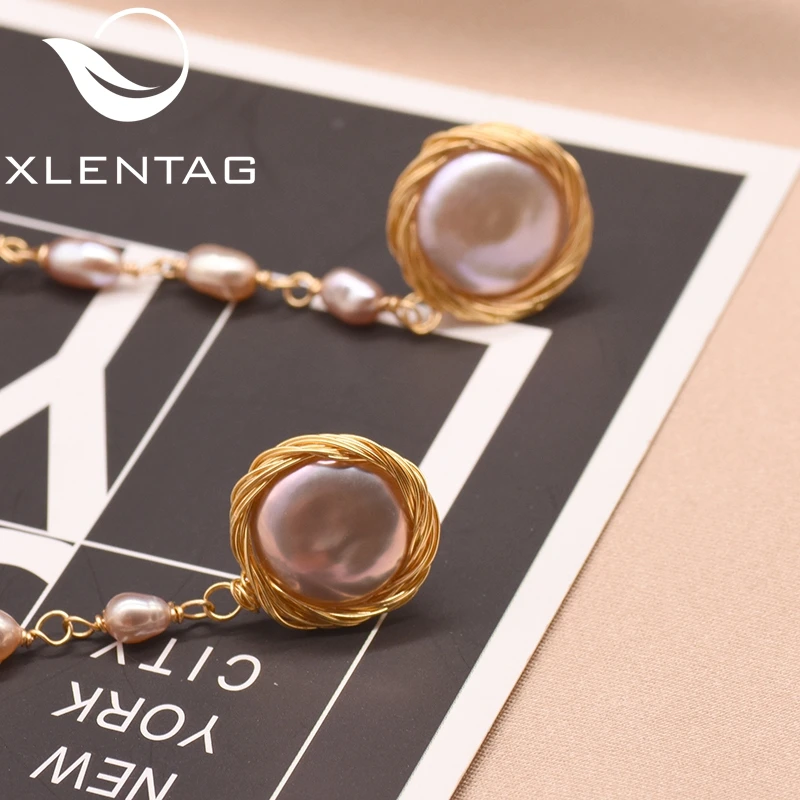 XlentAg, 925 пробы, серебряные, натуральные, пресноводные, в стиле барокко, розовые, плоские, жемчужные, для женщин, длинные, с кисточками, висячие серьги, хорошее ювелирное изделие, GE0737