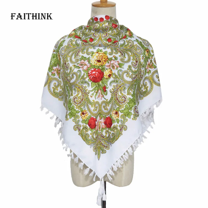 JM33 white green Модный русский квадратный шарф, Женский палантин с бахромой, шаль с принтом Bufandas, цветочный шарф, короткая повязка на голову, богемные шарфы - Цвет: JM33 white green