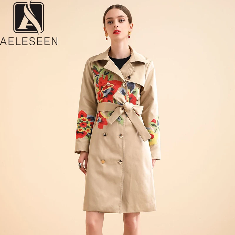 AELESEEN 2020 Spring Office Lady Windbreaker Runway Design Luxury Cross Stiching Floral Embroidery X-Long Coat With Sashes | Женская