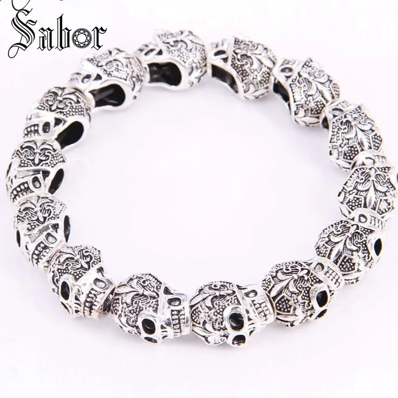 Браслет с узором лилии и бусинами в виде черных черепов новинка модные ювелирные