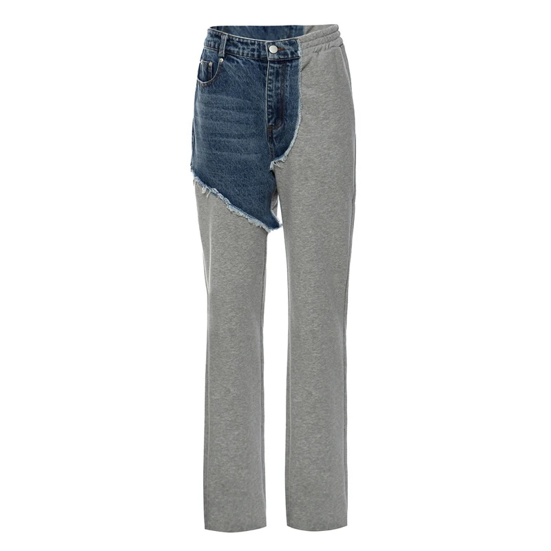

Elastic Gray Denim Irregular Long Wide Leg Trousers New Loose Pants Capris Women High Waist Fashion Spring Autumn 2021 Women's