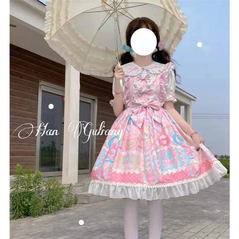 

Summer New Japanese Suspenders Soft Girl Cute Sweet Bow Cartoon Print Kawaii Dress Cosplay Tea Party Pink Jsk Lolita Sling Dress