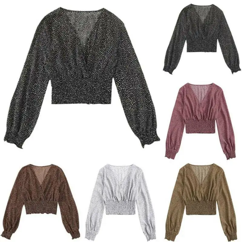 

Womens Ladies V Neck Polka Dot Long Sleeve Casual T-shirt Crop Top Tunic Blouse