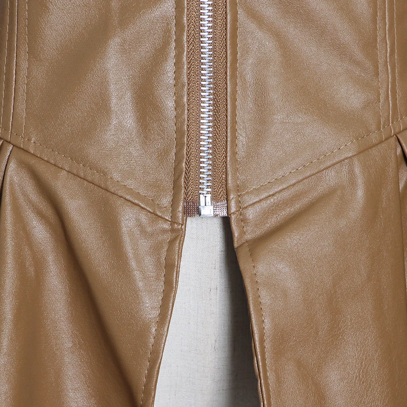 Locomotive Style Patchwork Irregular Pu Coat Jacket Women Lapel Collar Long Sleeve High Length Coat Women Coat 2021 New Fashion