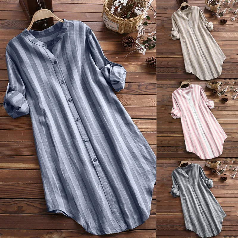 

Women Button Up Pullover Cotton Striped Top Plus Size Tunic Blouse