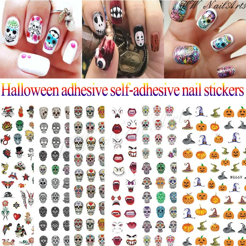 

10Pcs Nail Art Stickers Halloween Skeleton Pumpkin Design Adhesive Nail Art Decoration Maple Leaf Autumn Fall Nail Stickers Deca