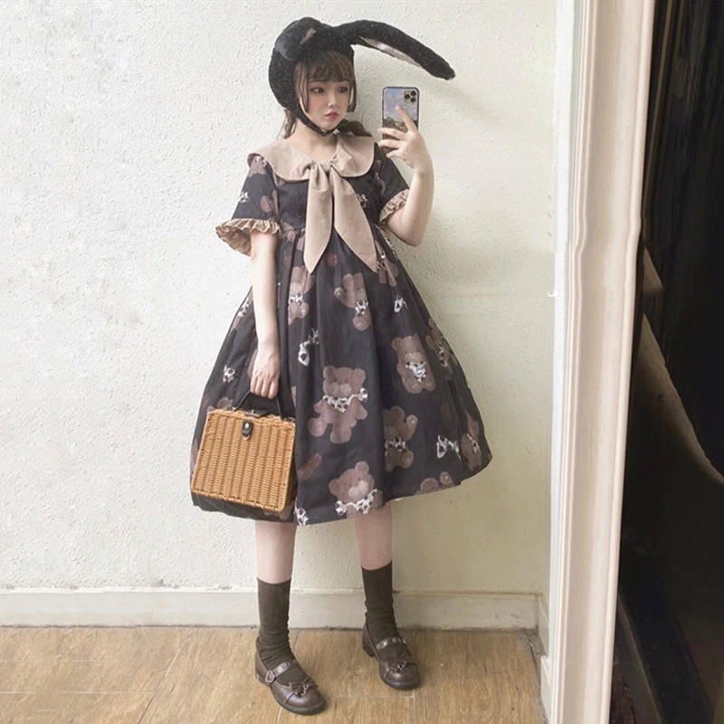 Платье в стиле Лолиты с принтом медведя каваи милое готическое платье лолиты