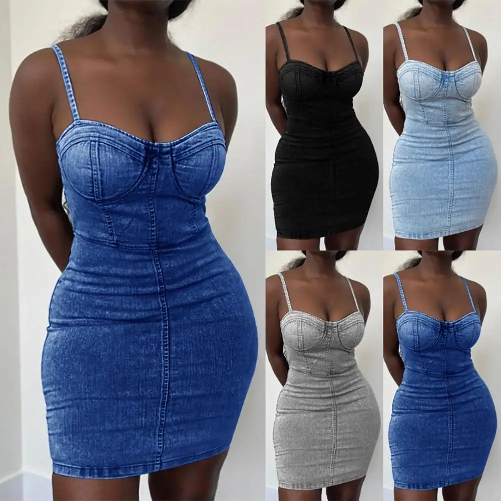 

Fashion summer dress Women Sexy Stretch Denim bodycon dress Solid Color Sleeveless Spaghetti Straps Waist Tight Mini Dress NEW
